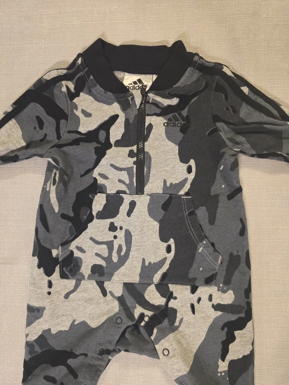 Adidas Baby Camo Romper 3M Gray Zip Coverall Kangaroo Pocket